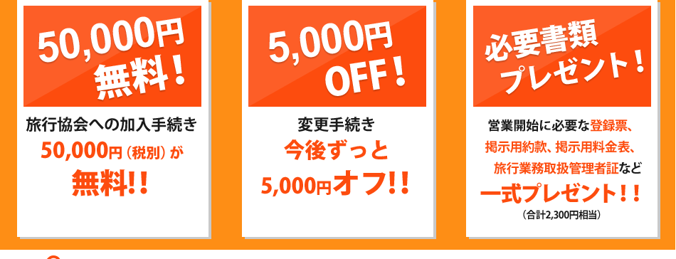 旅行協会への加入手続き50,000円(税別)が無料!/変更手続き今度ずっと5,000円オフ!!/営業開始に必要な登録票、掲示用約款、掲示用料金表、 旅行業務取扱管理者証など一式プレゼント!!(合計2,300円相当)
