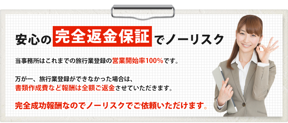 安心の完全返金保証でノーリスク当事務所はこれまでの旅行業登録の営業開始率100%です。万が一、旅行業登録ができなかった場合は、書類作成費など報酬は全額ご返金させていただきます。完全成功報酬なのでノーリスクでご依頼いただけます。