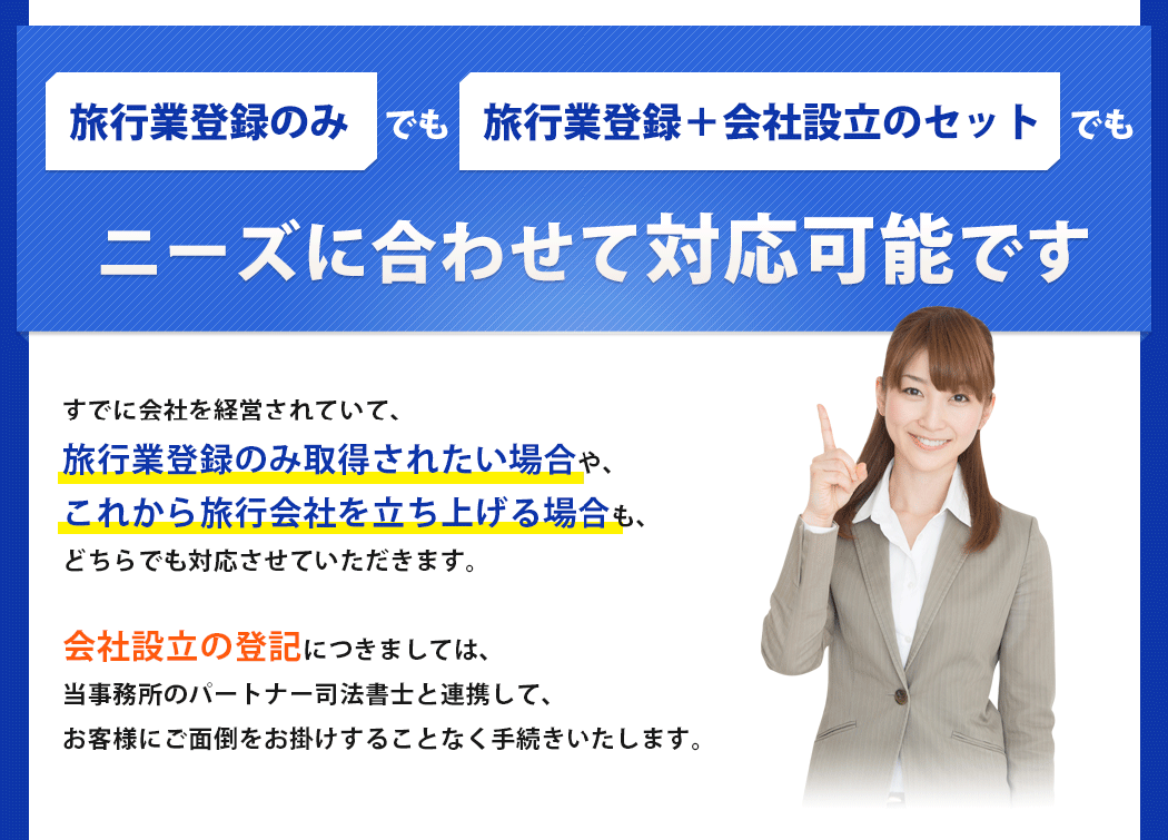 すでに会社を経営されていて、
旅行業登録のみ取得されたい場合や、
これから旅行会社を立ち上げる場合も、
どちらでも対応させていただきます。
会社設立の登記につきましては、
当事務所のパートナー司法書士と連携して、
お客様にご面倒をお掛けすることなく手続きいたします。